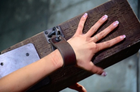 Naked redhead Rain DeGrey has tits & arms brutally bound for forced fellatio