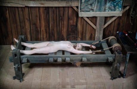 Blonde female Delirious Hunter is restrained in a variety of ways